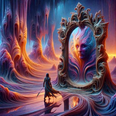 The primary subject of the image is a person standing in front of a large, ornate mirror. The mirror is positioned in the center of the scene, and the person is standing to the left of it. The setting appears to be a cave-like environment, with the person surrounded by a unique and intricate design. The visual style of the image is digital art, with the person and the mirror being the main focus of the composition. The colors and mood of the image are vibrant and dramatic, with the cave-